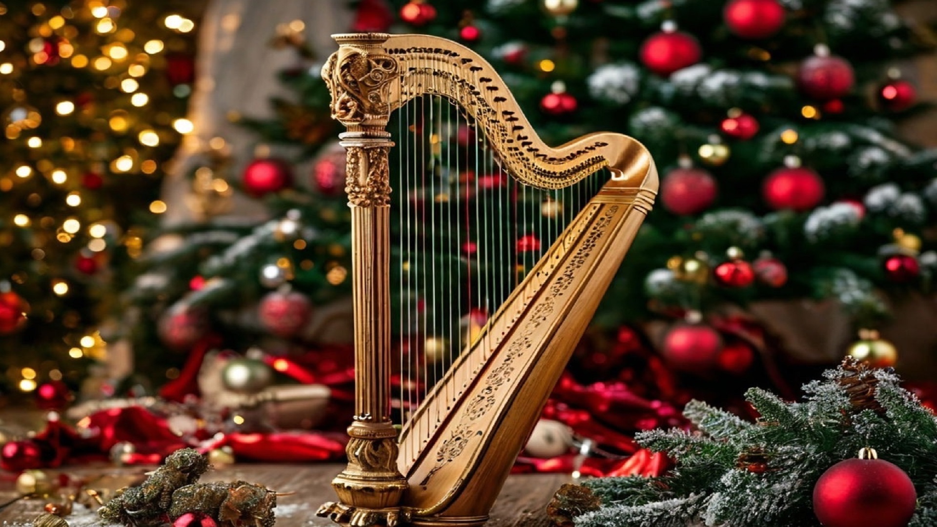 Кельтская арфа при свечах в Рождество